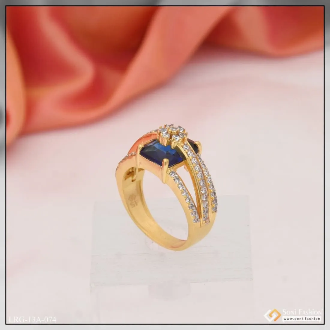 1 Gram Gold Plated Blue Stone With Diamond Fancy Design Ring For Lady - Style Lrg-074