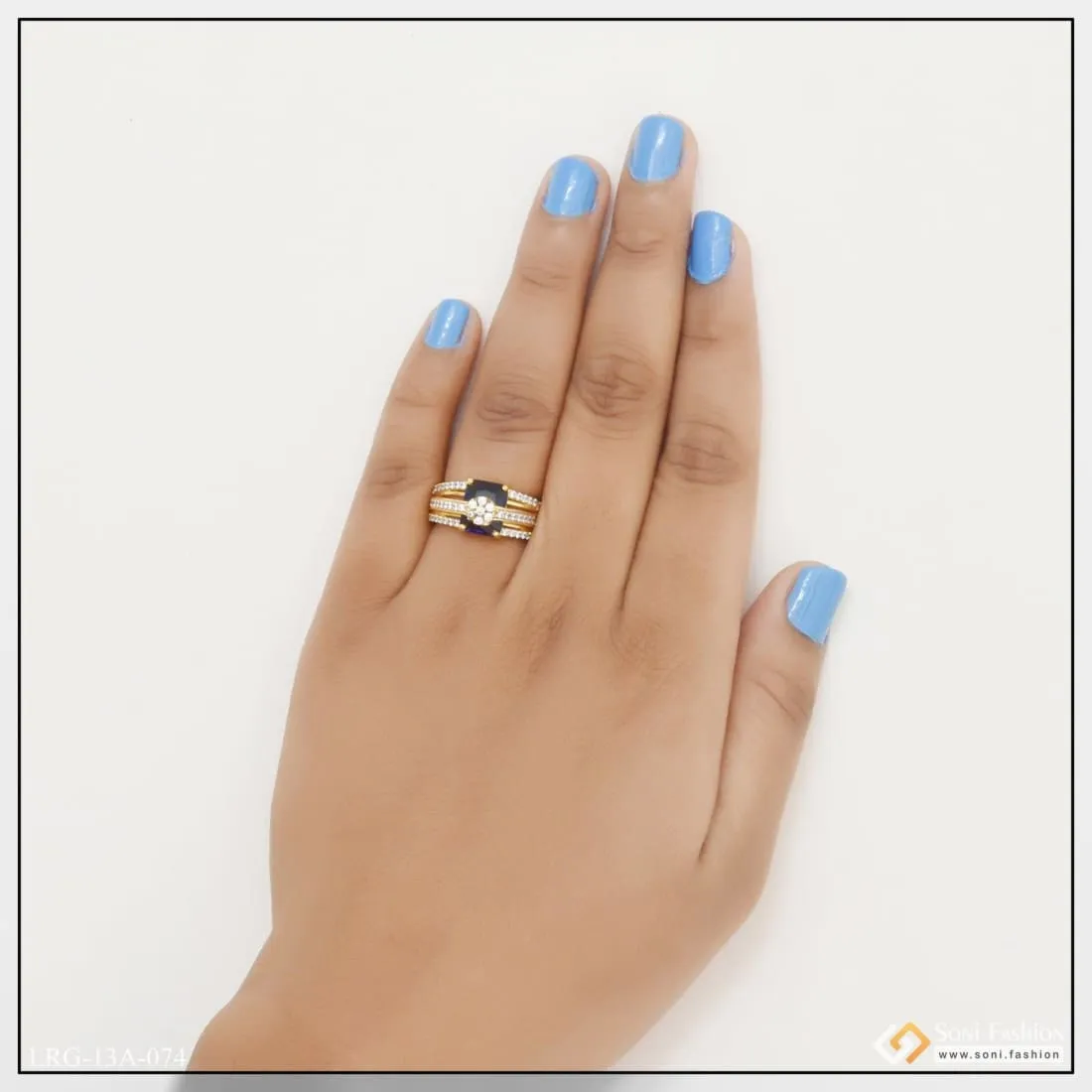 1 Gram Gold Plated Blue Stone With Diamond Fancy Design Ring For Lady - Style Lrg-074