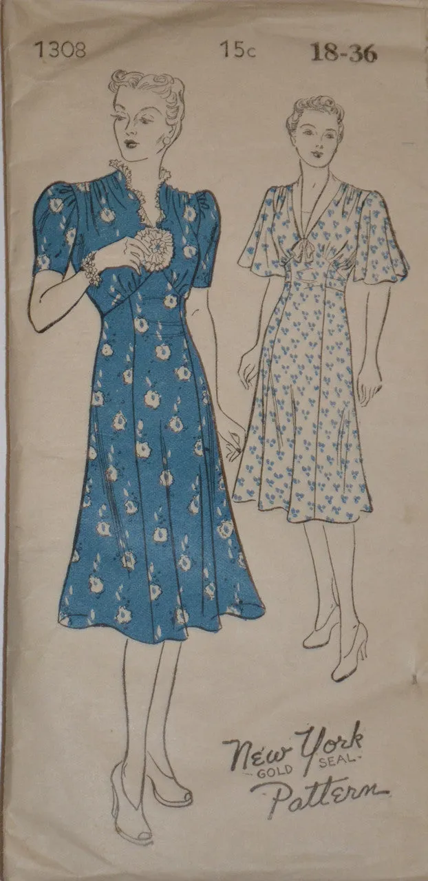 1930's Vintage Dress Pattern New York Gold Seal 1308 36" Bust