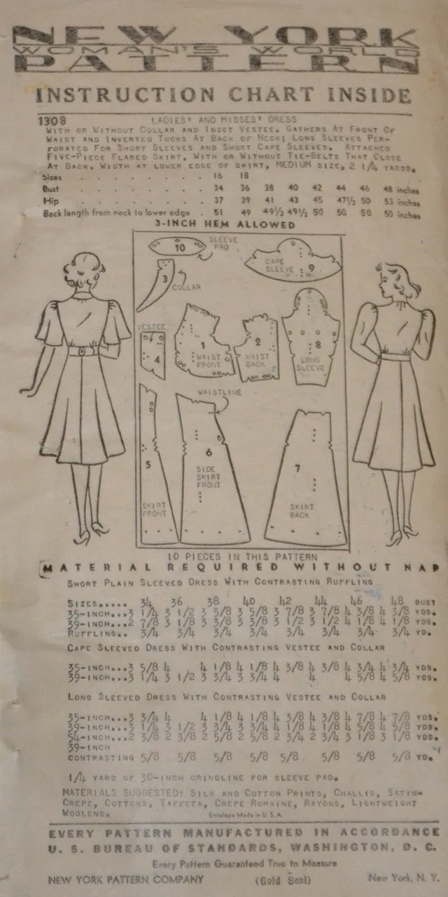 1930's Vintage Dress Pattern New York Gold Seal 1308 36" Bust