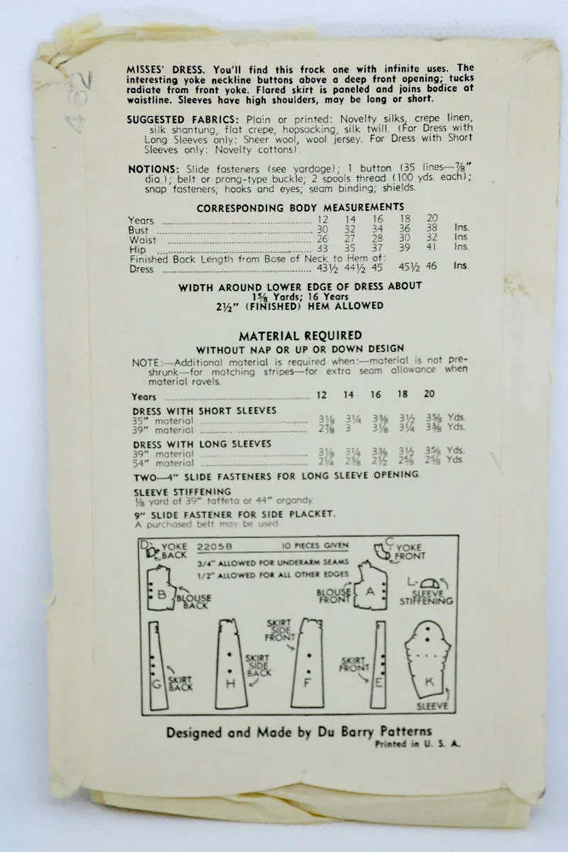 1930s Vintage DuBarry 2205b Dress Sewing Pattern