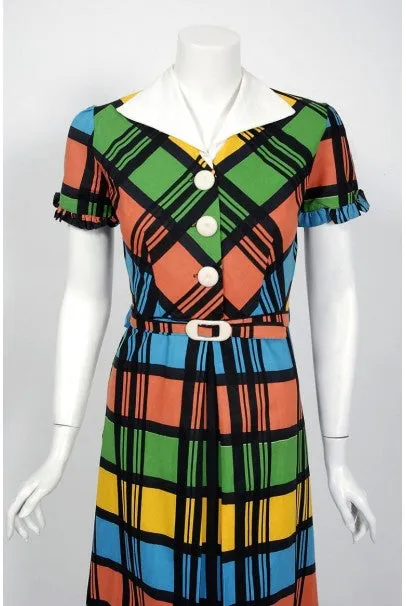 1940's Rainbow Plaid Print Cotton Button-Down Belted Swing Dress w/ Tags