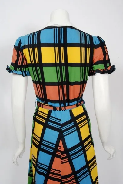 1940's Rainbow Plaid Print Cotton Button-Down Belted Swing Dress w/ Tags