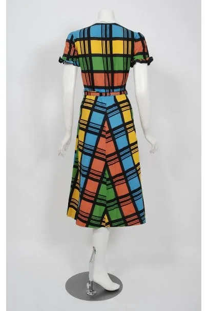 1940's Rainbow Plaid Print Cotton Button-Down Belted Swing Dress w/ Tags