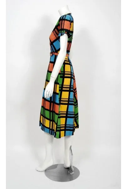 1940's Rainbow Plaid Print Cotton Button-Down Belted Swing Dress w/ Tags