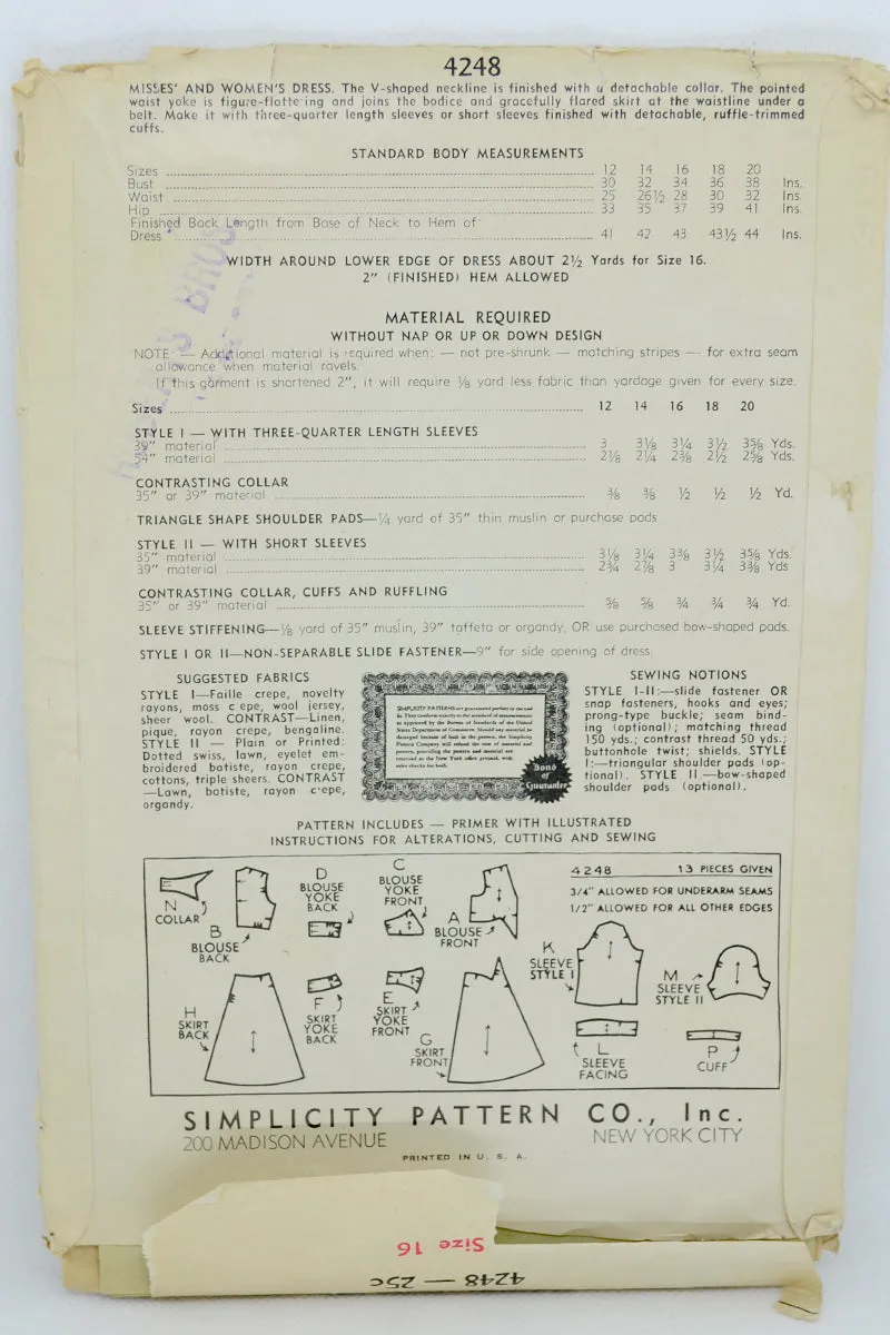 1940s Simplicity 4248 vintage dress sewing pattern