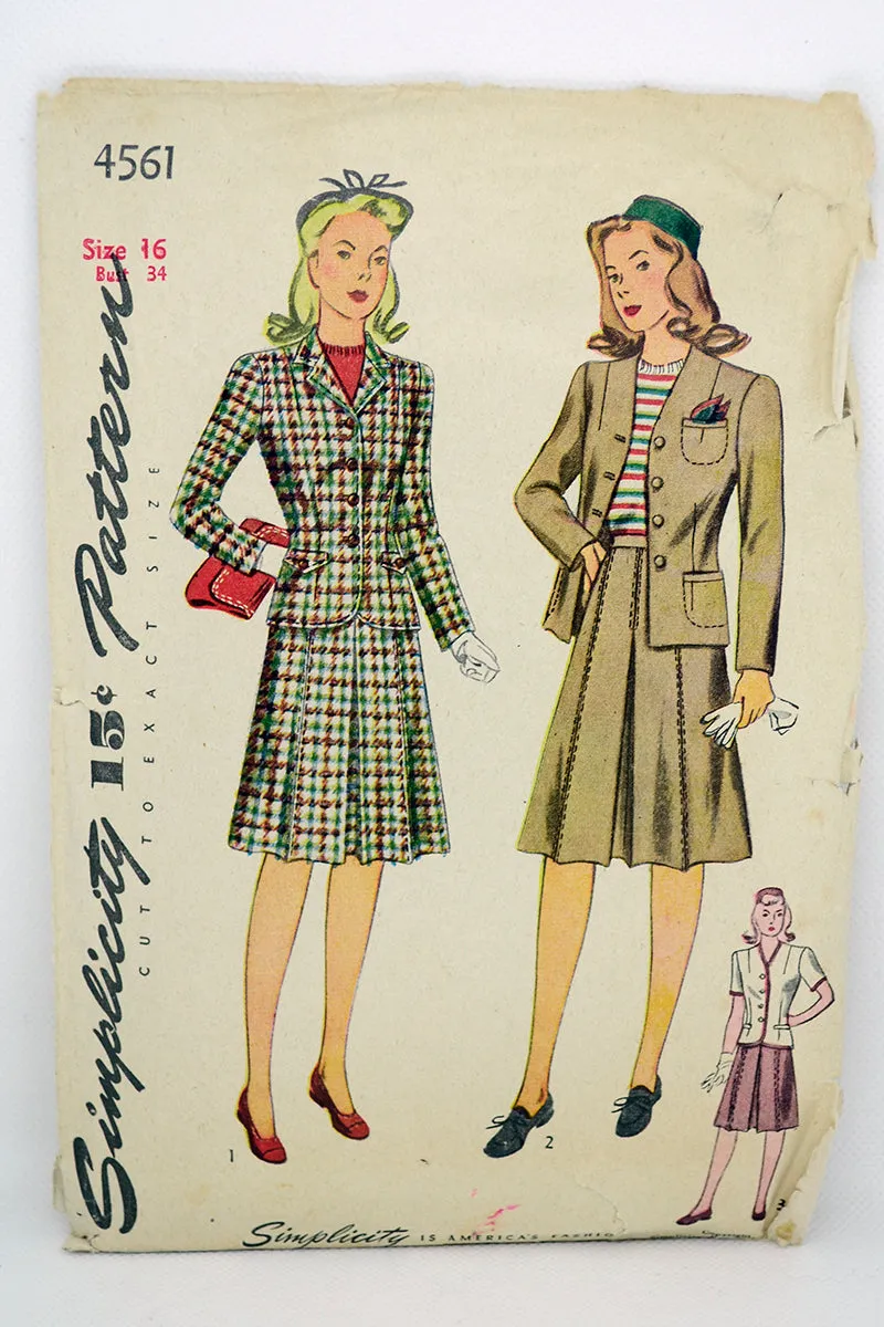 1940s Simplicity 4561 Vintage Teen Girl 2 pc Suit Sewing Pattern