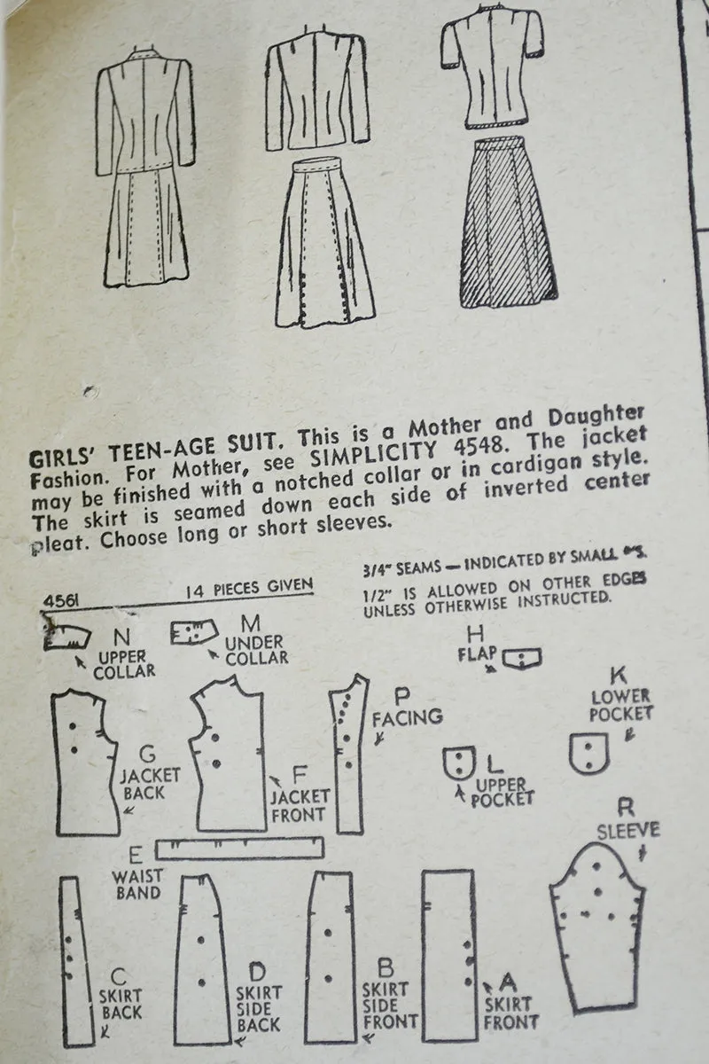 1940s Simplicity 4561 Vintage Teen Girl 2 pc Suit Sewing Pattern