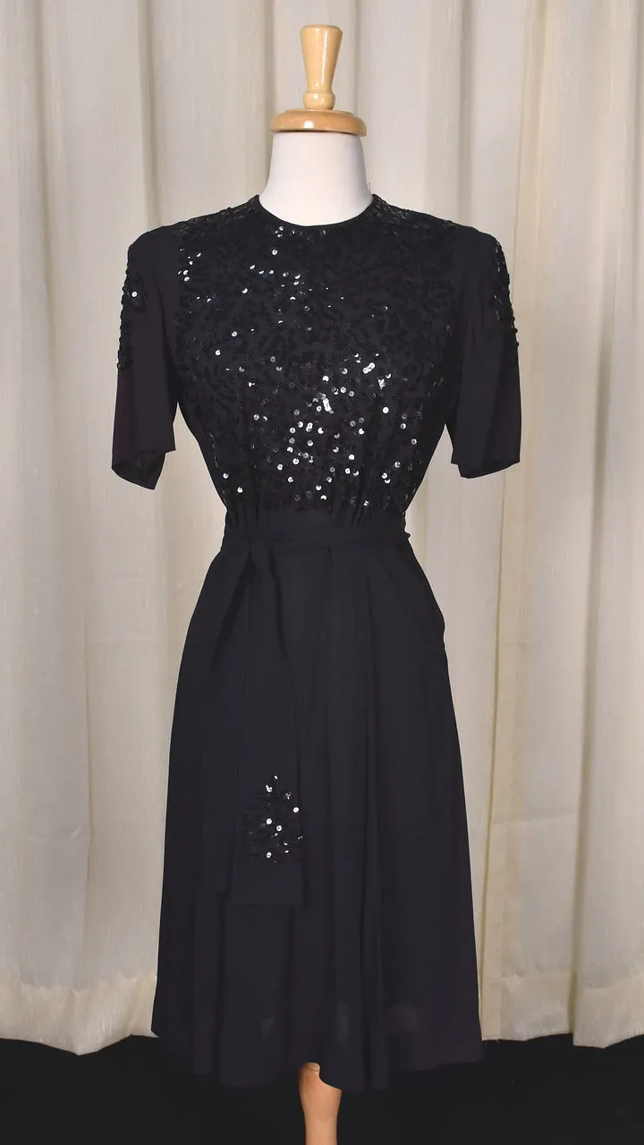 1940s Vintage LBD Sequin Sash Dress