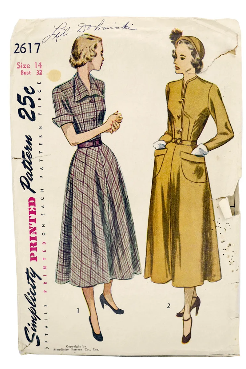 1948 Vintage Simplicity 2617 Sewing Pattern for Fitted Waist Flared Skirt Dress