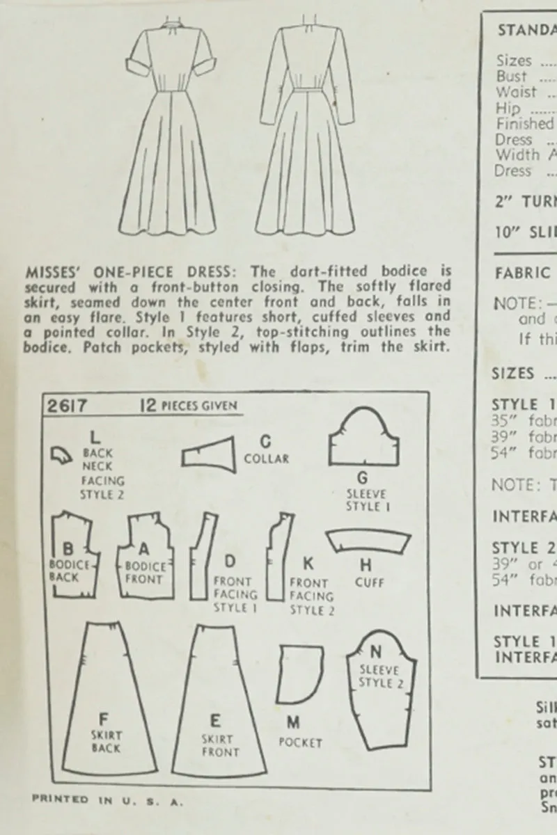 1948 Vintage Simplicity 2617 Sewing Pattern for Fitted Waist Flared Skirt Dress