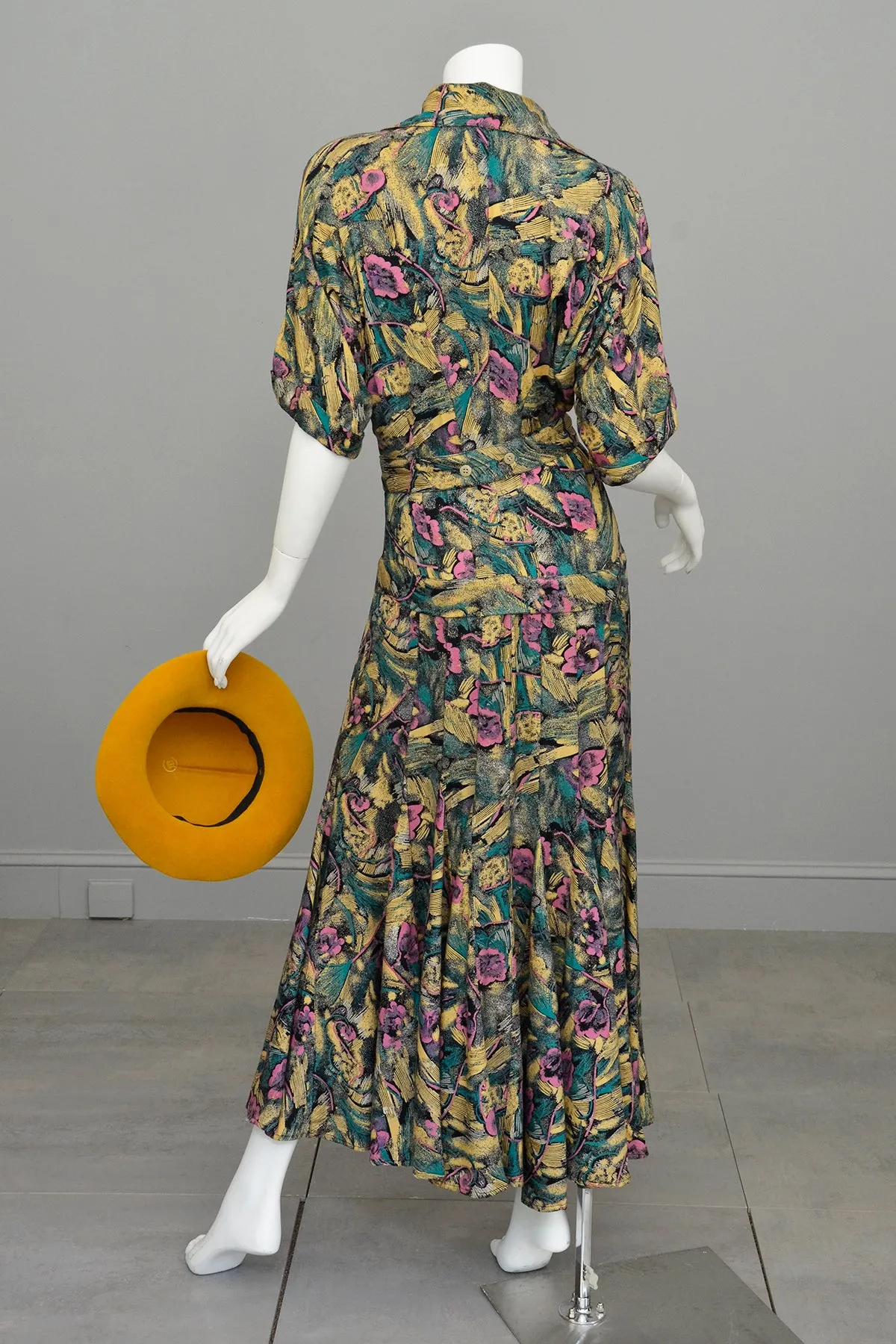 1970s Retro Floral Sketch Art Full Sweep Maxi Dress