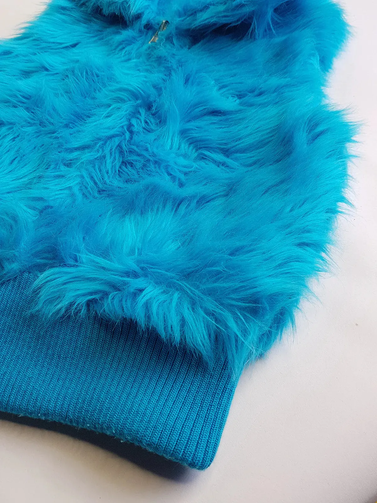 1990s Wild Fun Fur Vest in Electric Blue - Knit Detailing & Super Chunky Metal Zipper & Hardware