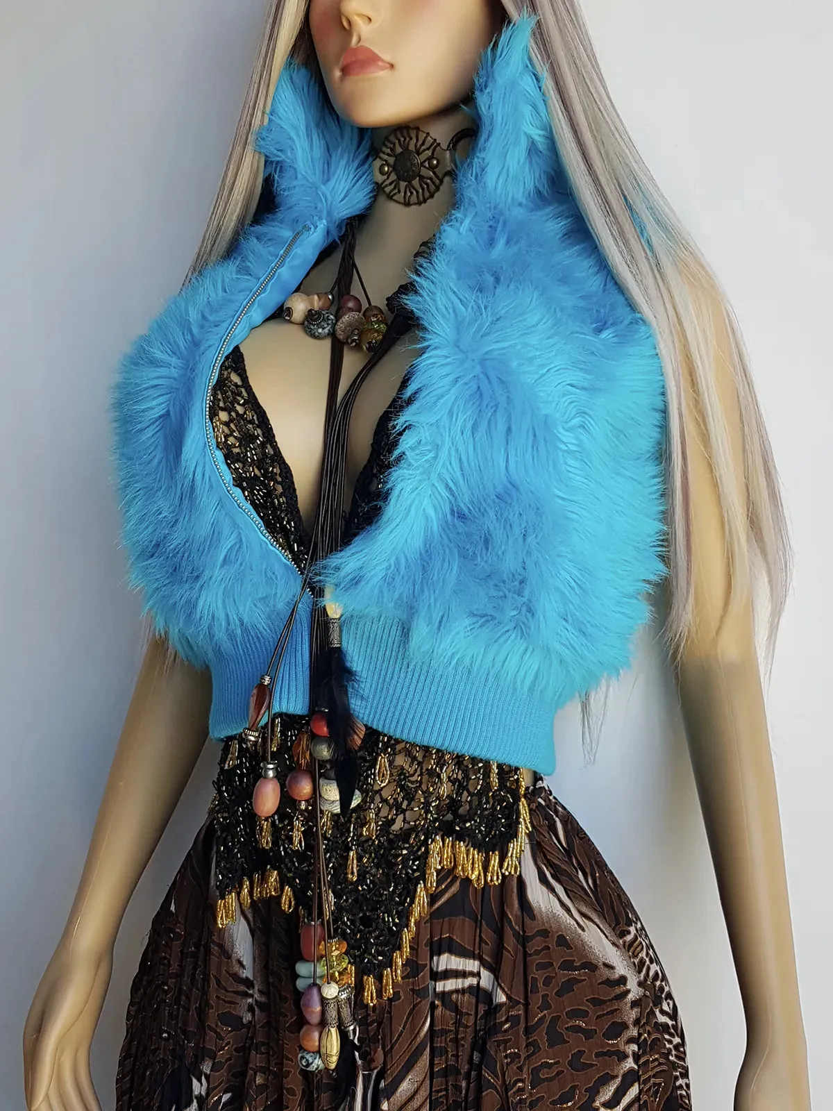 1990s Wild Fun Fur Vest in Electric Blue - Knit Detailing & Super Chunky Metal Zipper & Hardware