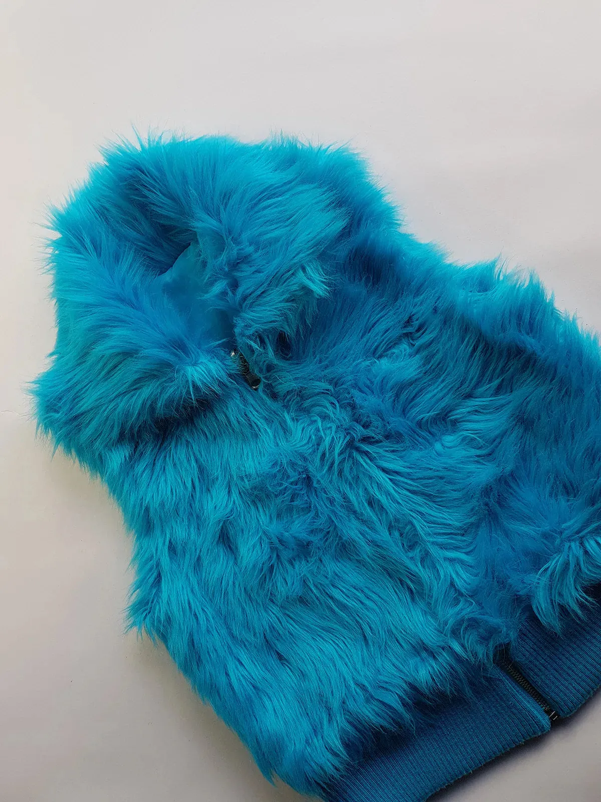 1990s Wild Fun Fur Vest in Electric Blue - Knit Detailing & Super Chunky Metal Zipper & Hardware