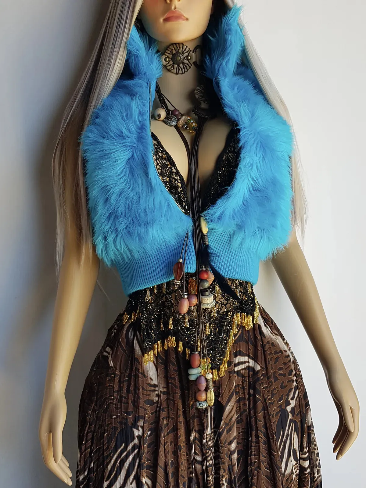 1990s Wild Fun Fur Vest in Electric Blue - Knit Detailing & Super Chunky Metal Zipper & Hardware