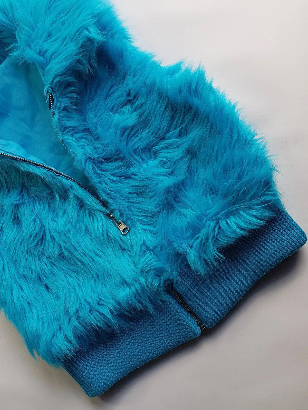 1990s Wild Fun Fur Vest in Electric Blue - Knit Detailing & Super Chunky Metal Zipper & Hardware