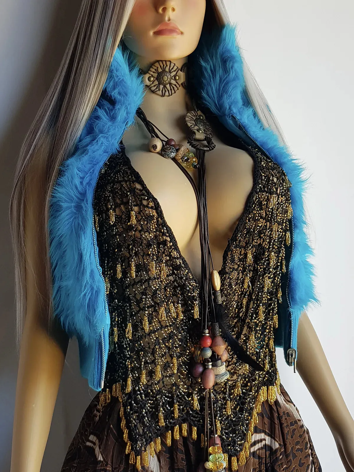 1990s Wild Fun Fur Vest in Electric Blue - Knit Detailing & Super Chunky Metal Zipper & Hardware