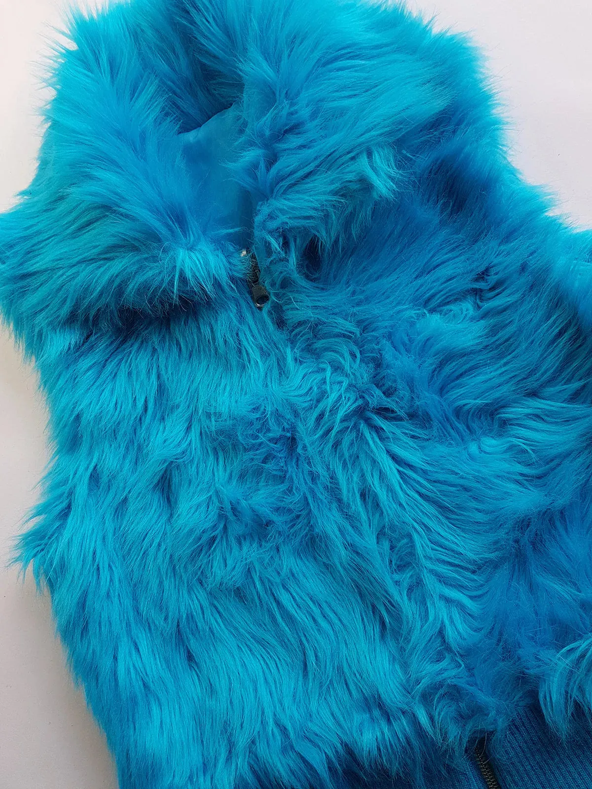 1990s Wild Fun Fur Vest in Electric Blue - Knit Detailing & Super Chunky Metal Zipper & Hardware