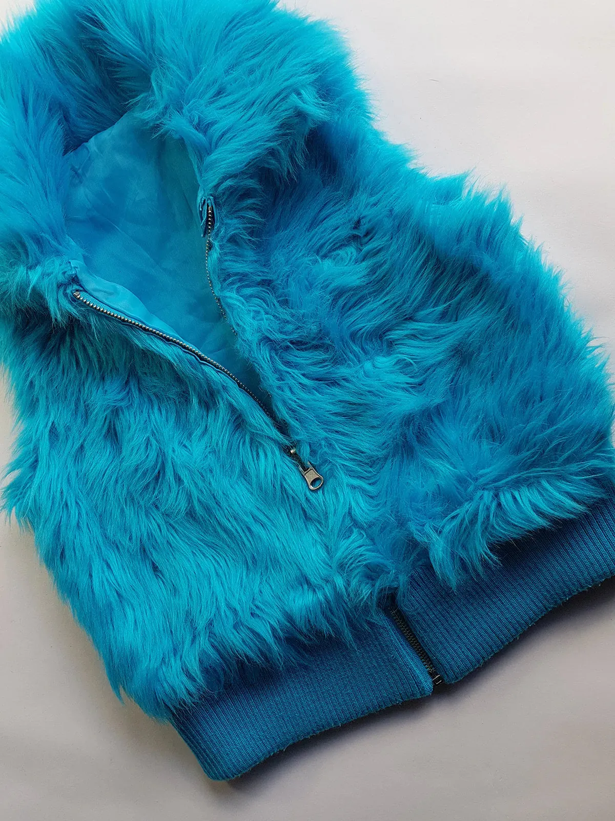 1990s Wild Fun Fur Vest in Electric Blue - Knit Detailing & Super Chunky Metal Zipper & Hardware