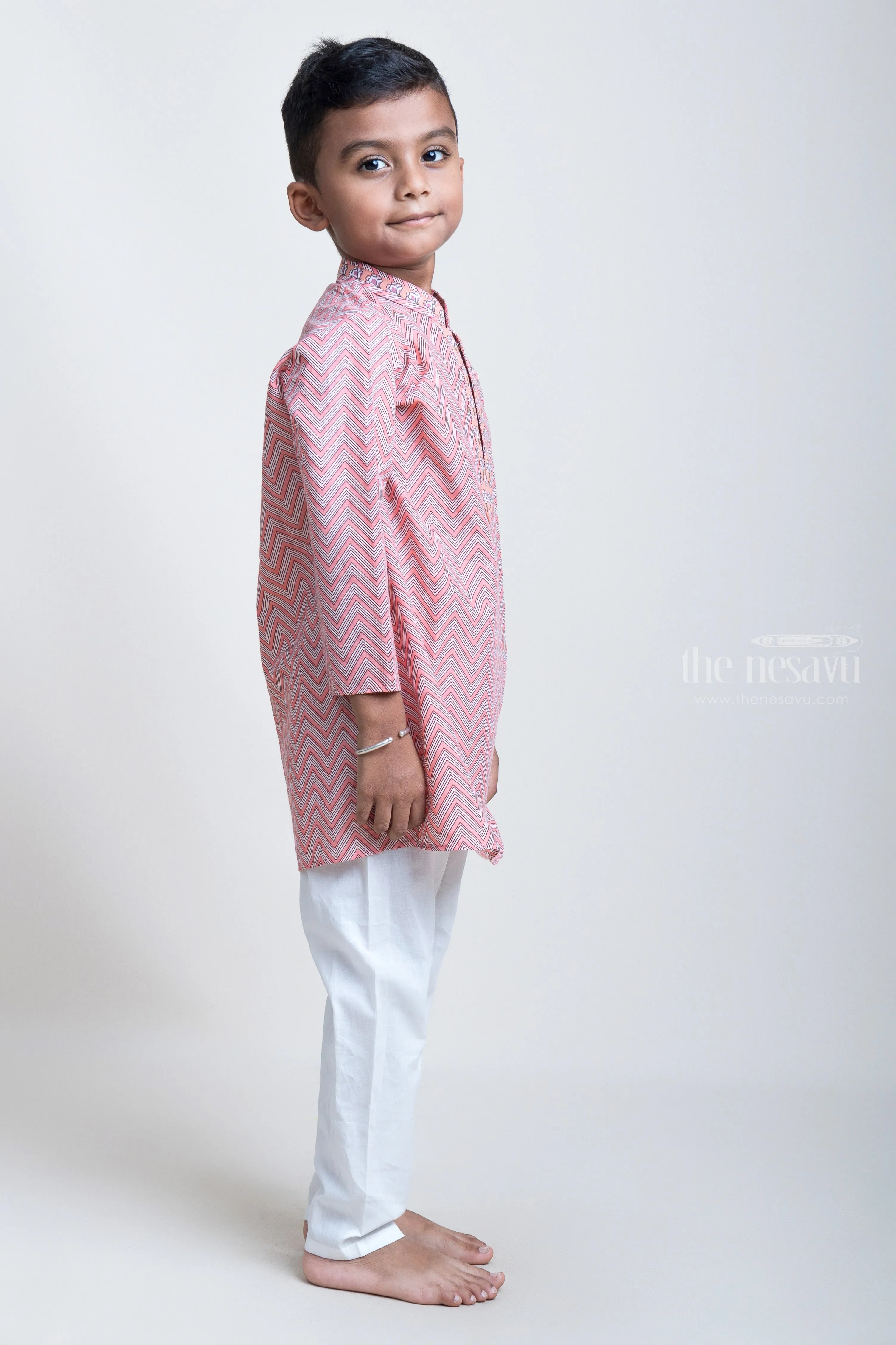 Ajrak Printed ZigZag Pink Cotton Kurta And White Pyjama For Little Boys