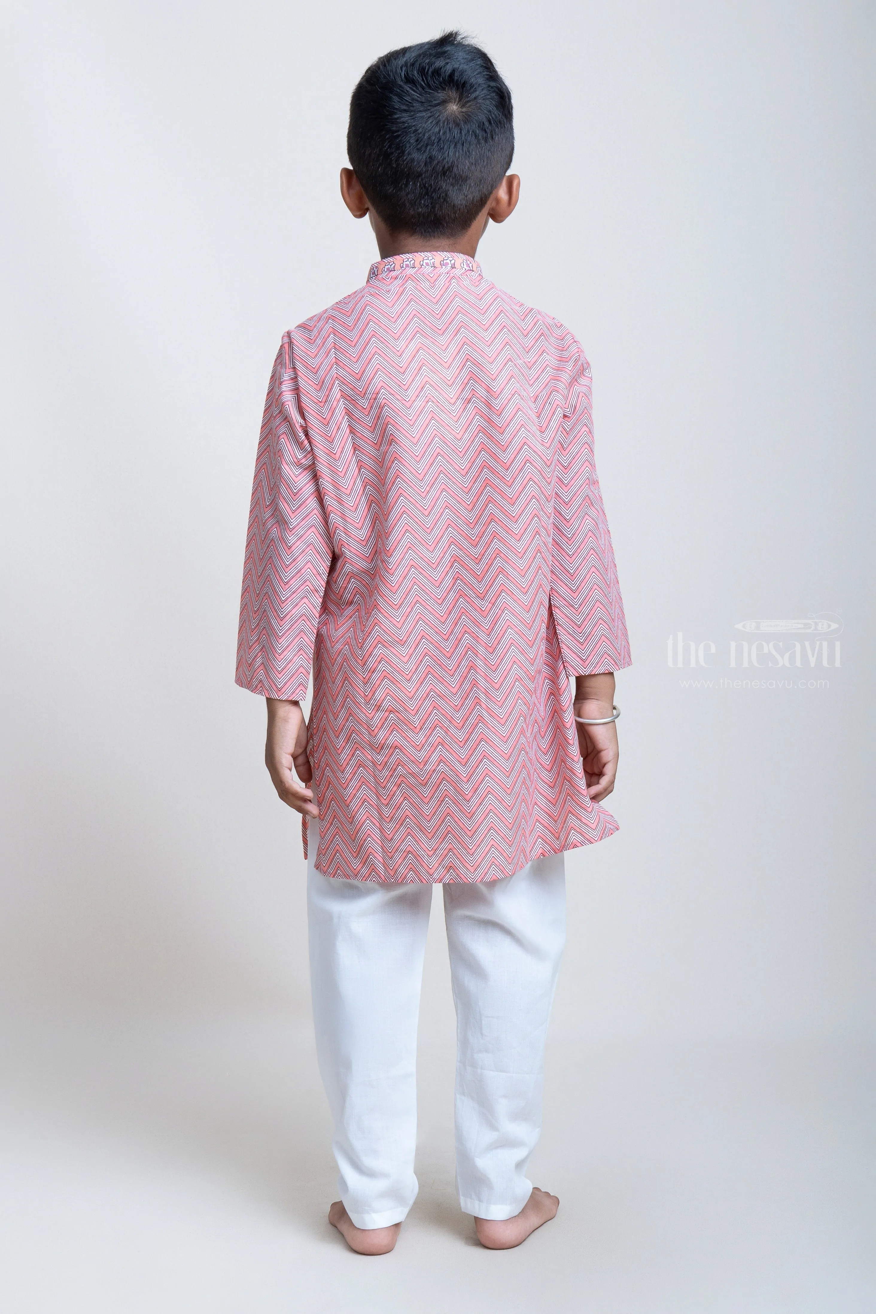 Ajrak Printed ZigZag Pink Cotton Kurta And White Pyjama For Little Boys