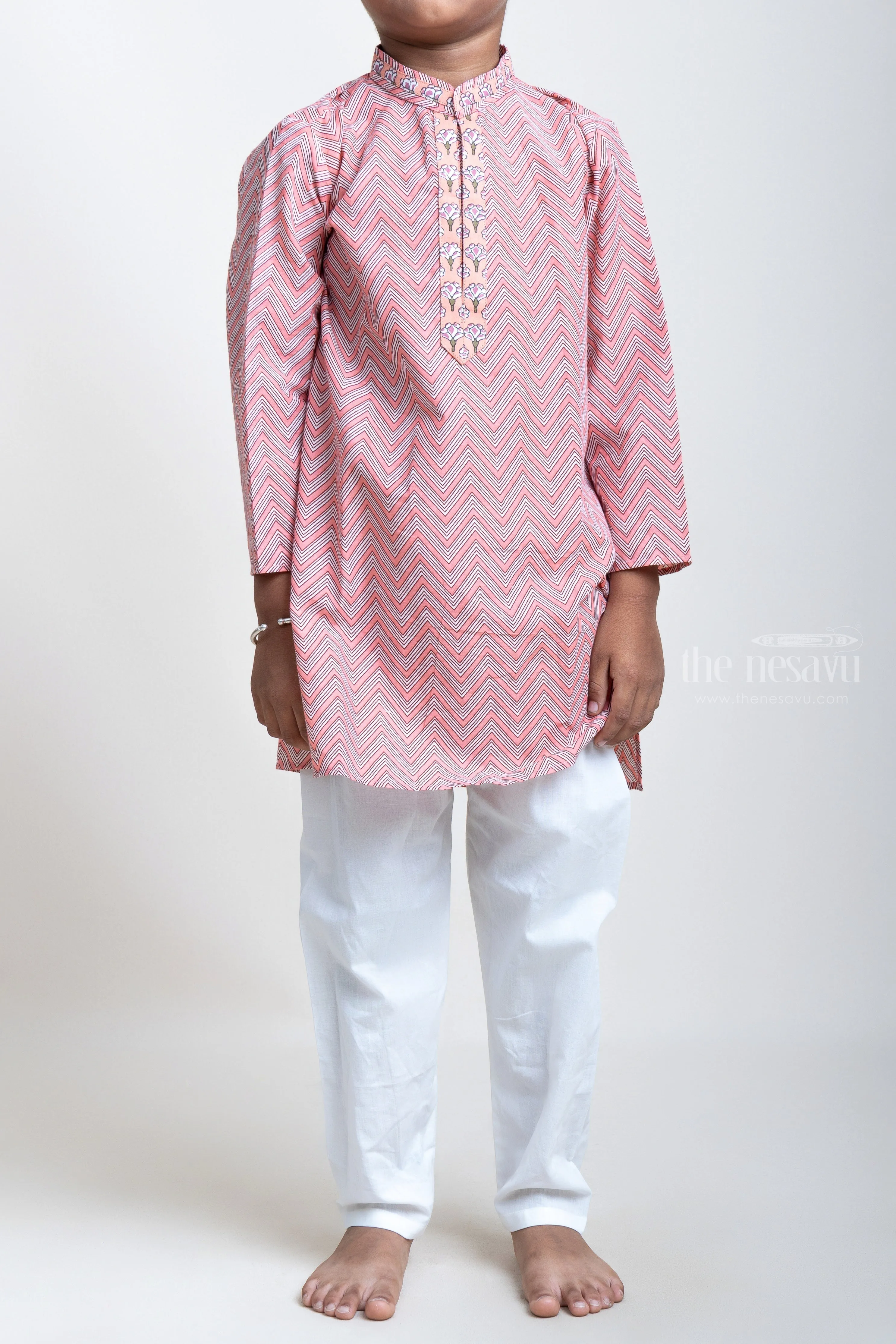 Ajrak Printed ZigZag Pink Cotton Kurta And White Pyjama For Little Boys