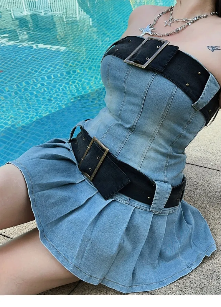 Barbra Washed Denim Blue Vintage Bandeau Sleeveless Belt Strap Pleated Dress