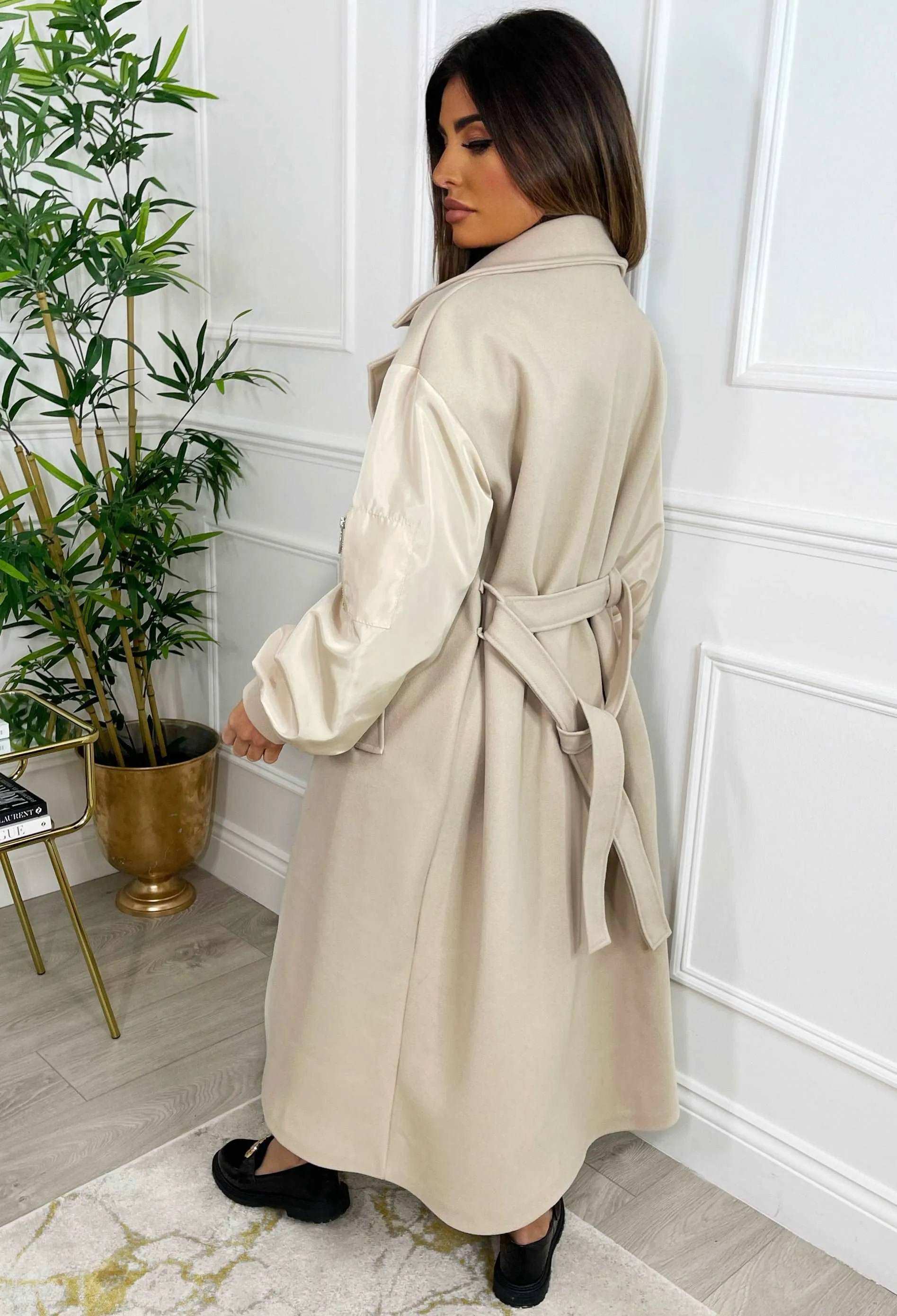 Beginning To Wonder Nude Contrast Sleeve Belted Coat