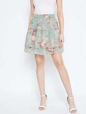 Berrylush Women Green Floral Print Layered Mini Skirt