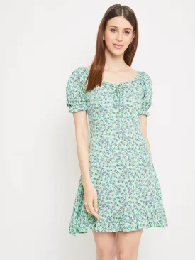 Berrylush Women Green Floral Printed Square Neck Mini Dress