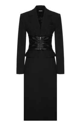 BLACK BELTED VEGAN LEATHER COAT