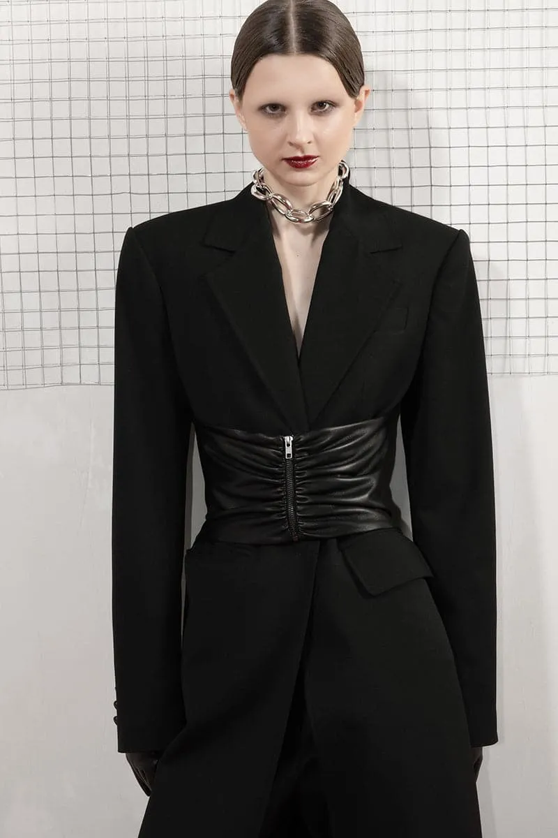 BLACK BELTED VEGAN LEATHER COAT