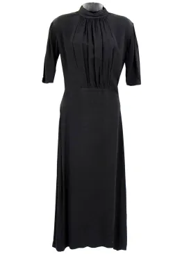 Black Crepe 1940s Dress Gathered Bodice