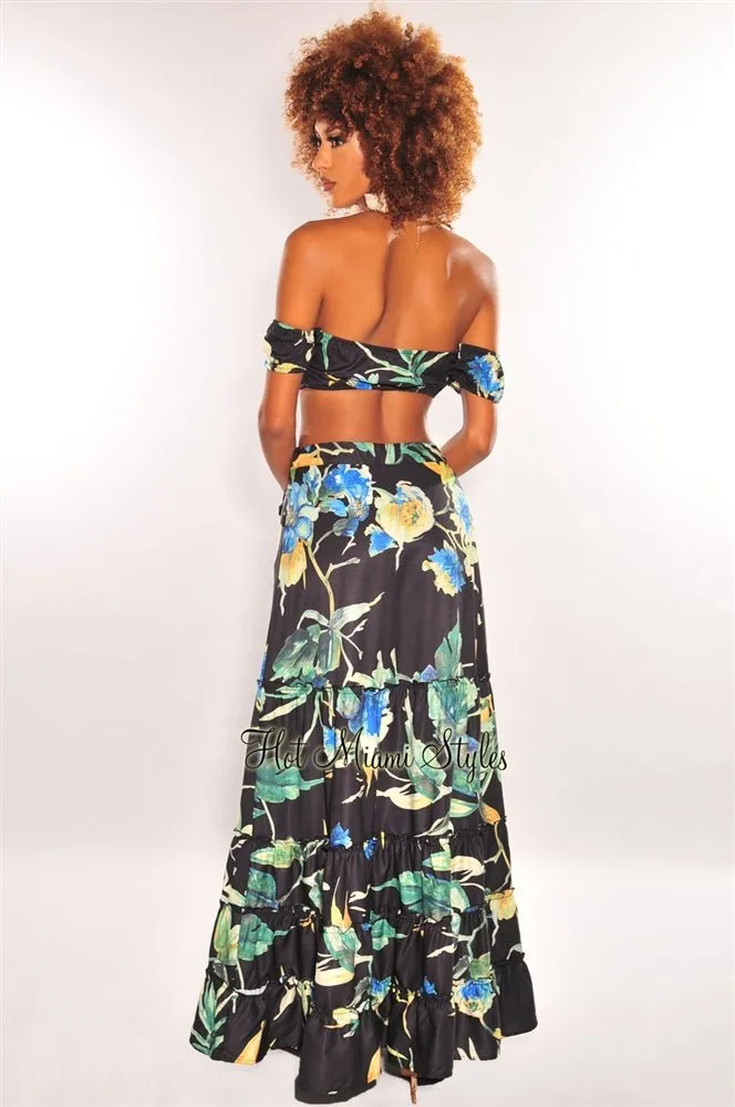 Black Floral Print Tie Up Tiered Maxi Skirt Two Piece Set