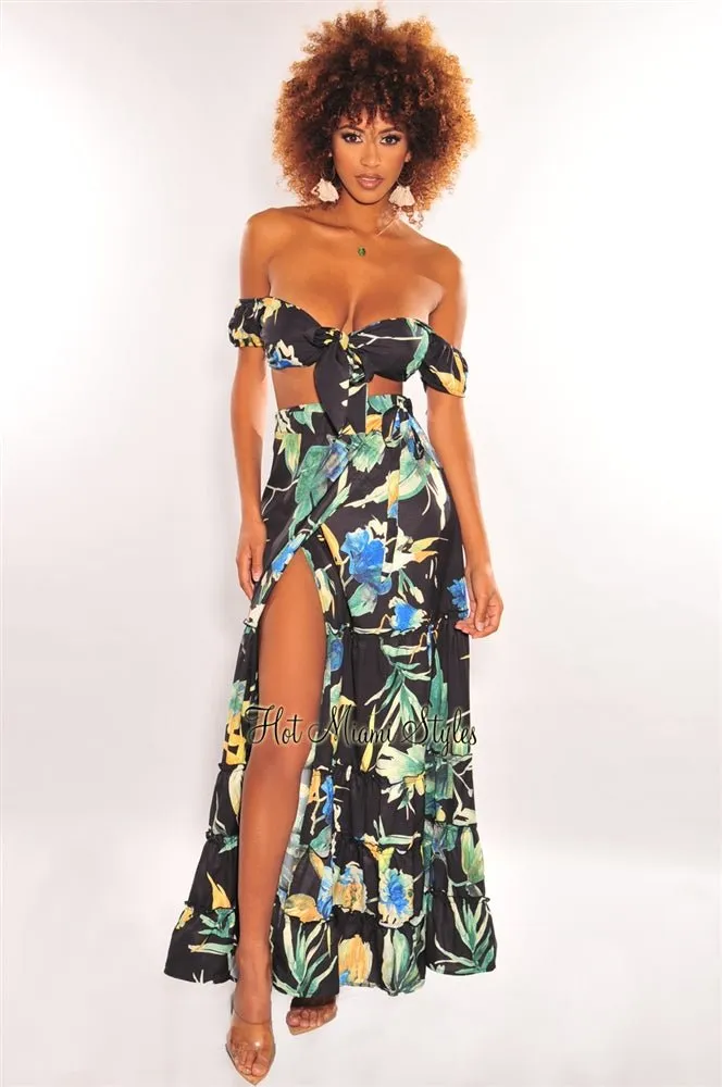 Black Floral Print Tie Up Tiered Maxi Skirt Two Piece Set