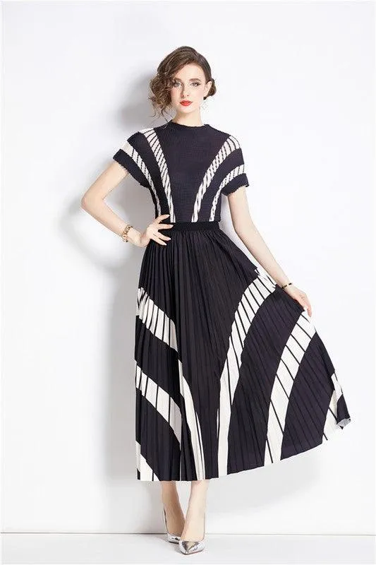 Black Multi Striped Two Piece Skirt Set