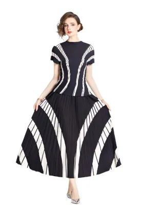 Black Multi Striped Two Piece Skirt Set