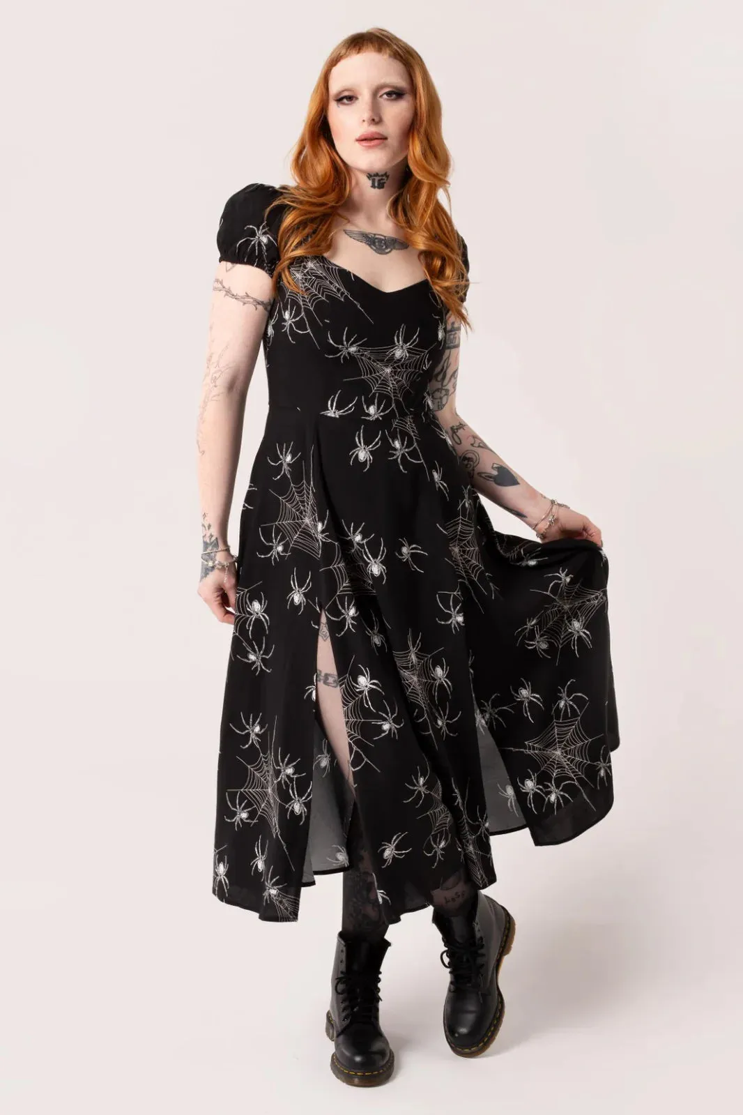 Black Puff Sleeve Spider Midi Dress by Hell Bunny