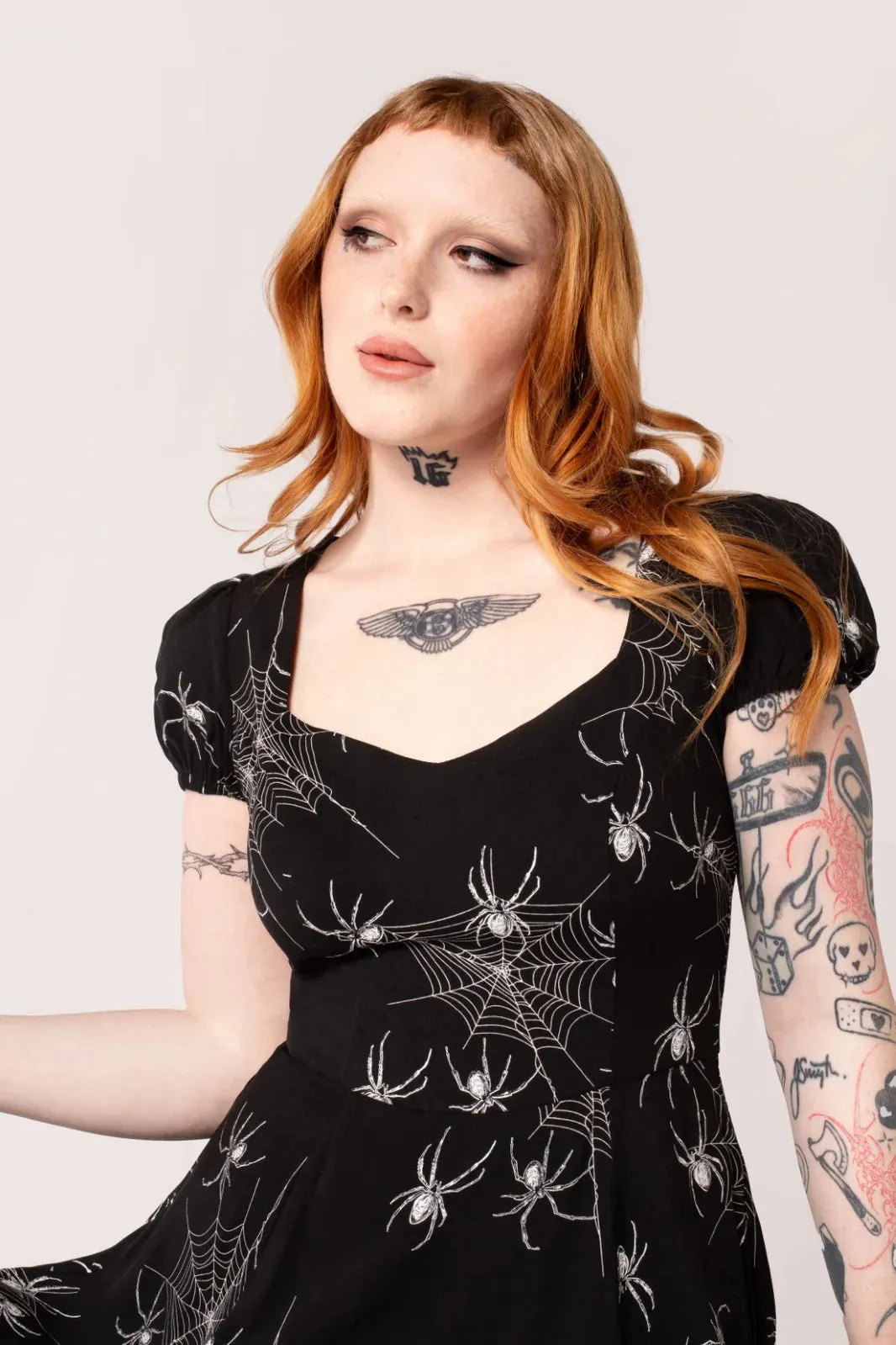 Black Puff Sleeve Spider Midi Dress by Hell Bunny