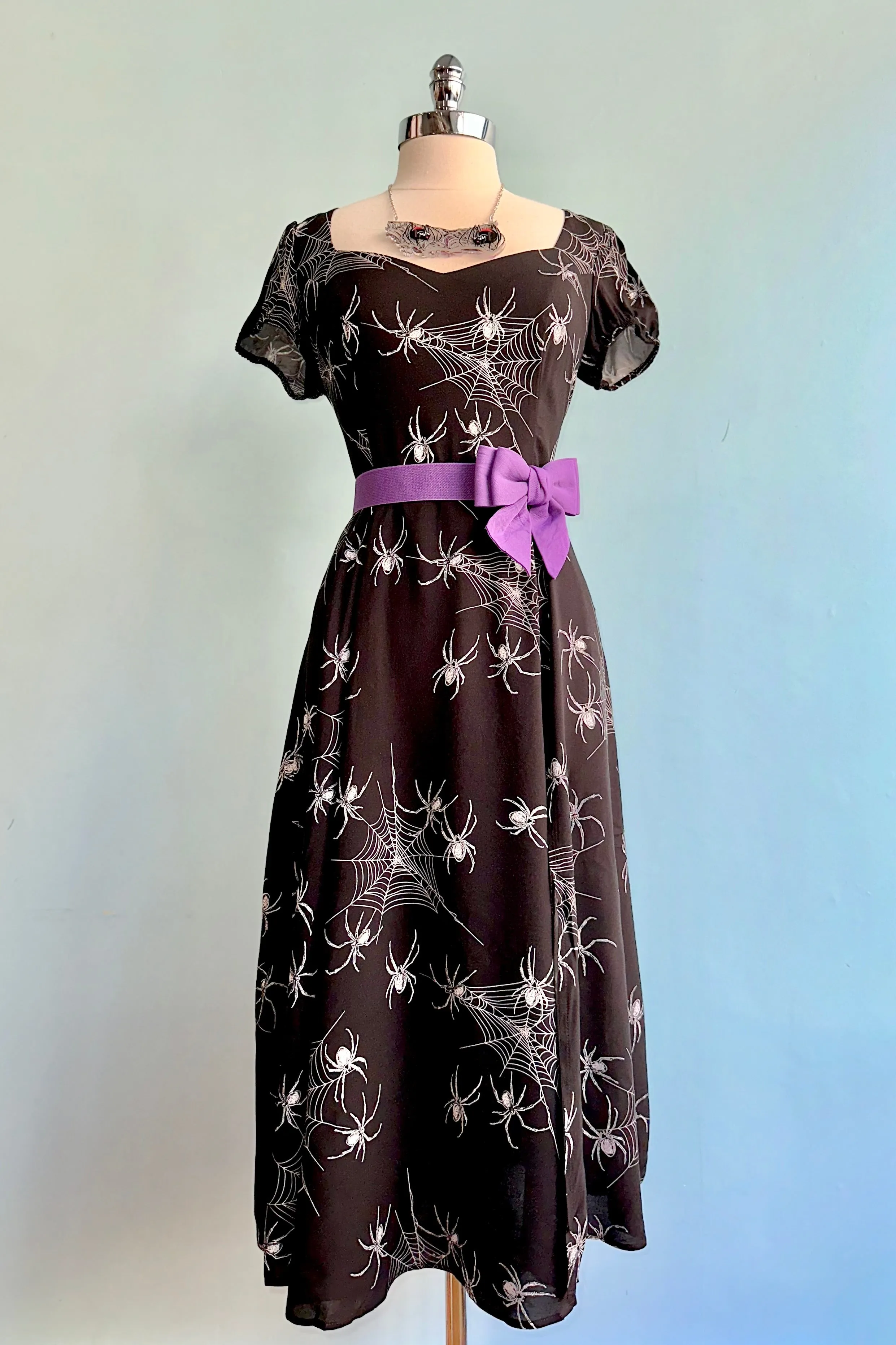 Black Puff Sleeve Spider Midi Dress by Hell Bunny