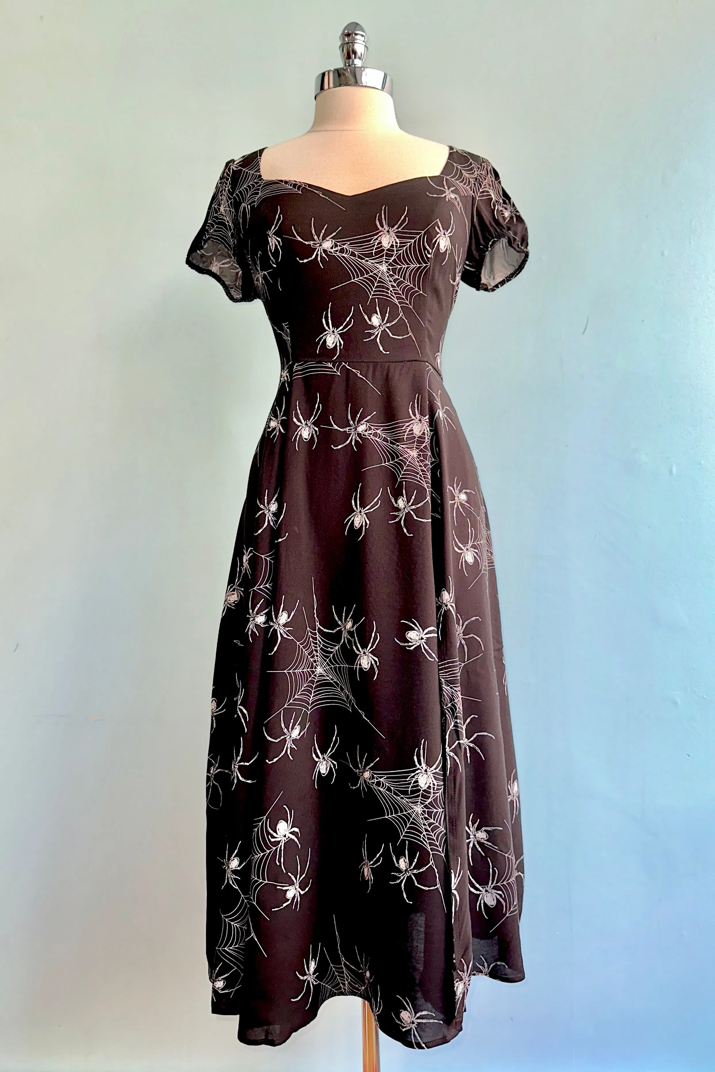 Black Puff Sleeve Spider Midi Dress by Hell Bunny