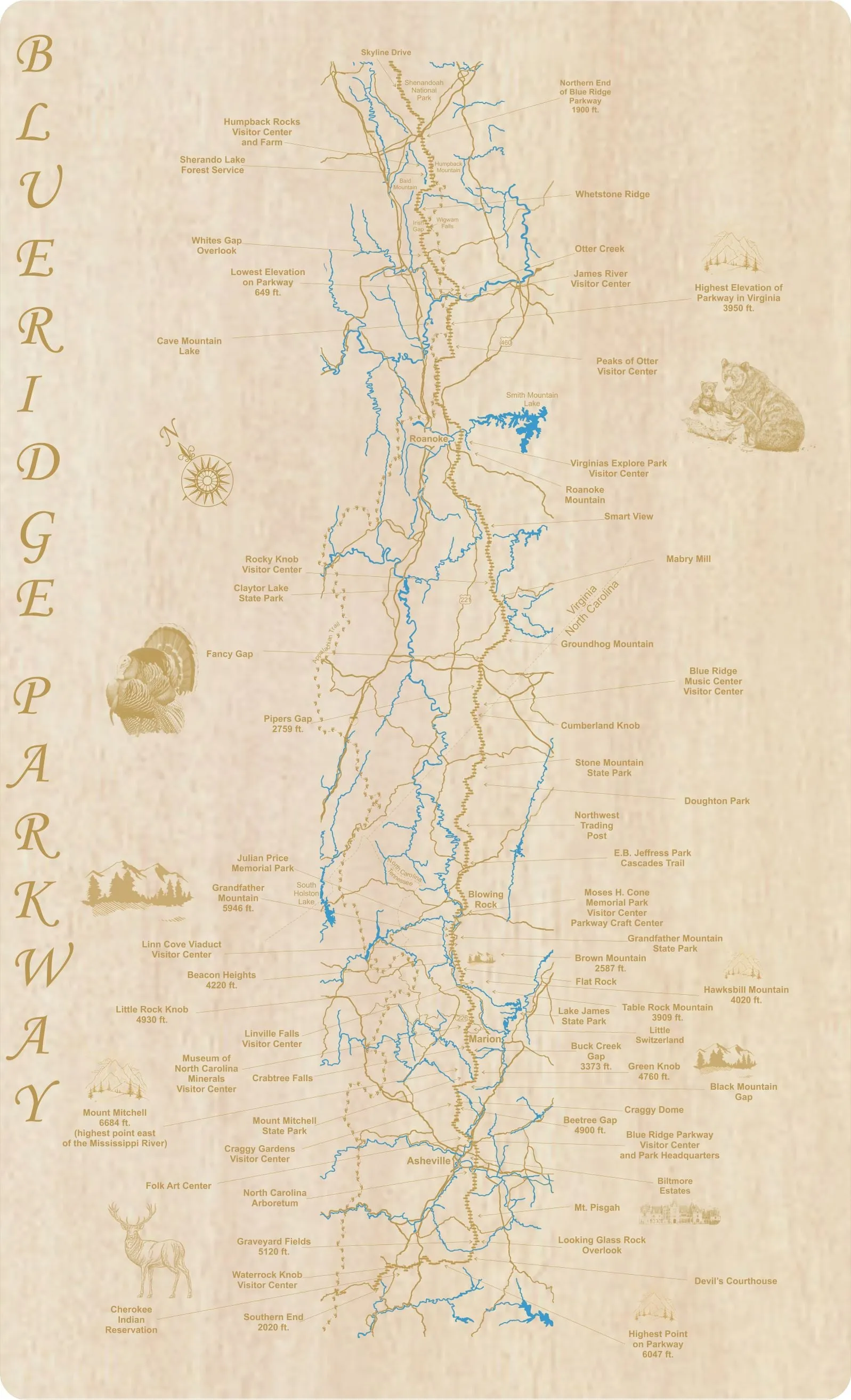 Blue Ridge Parkway - Laser Cut Wood Map