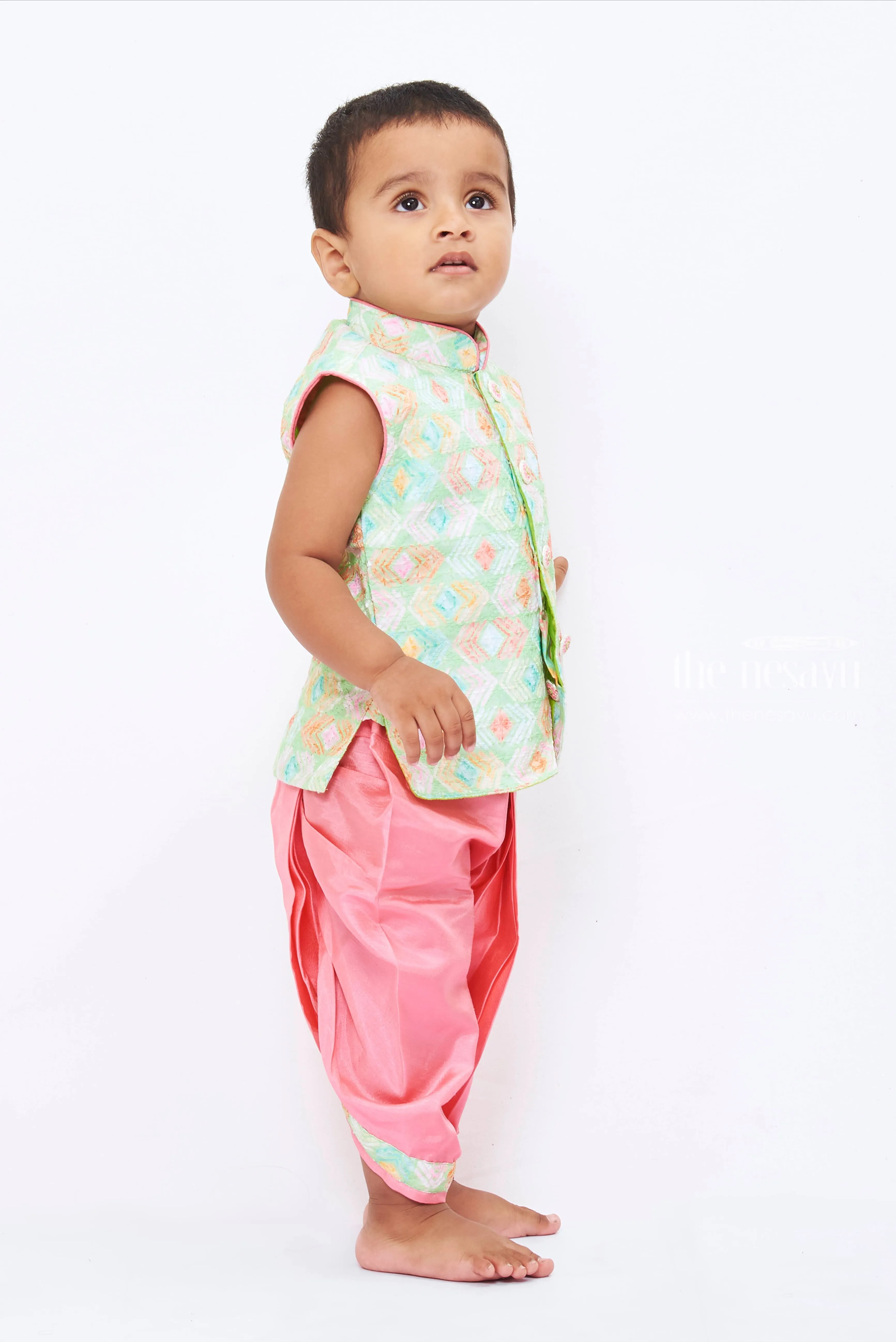 Boys Festive Kurta with Dhoti Pants - Enchanting Pink and Mint Ensemble for Celebrations