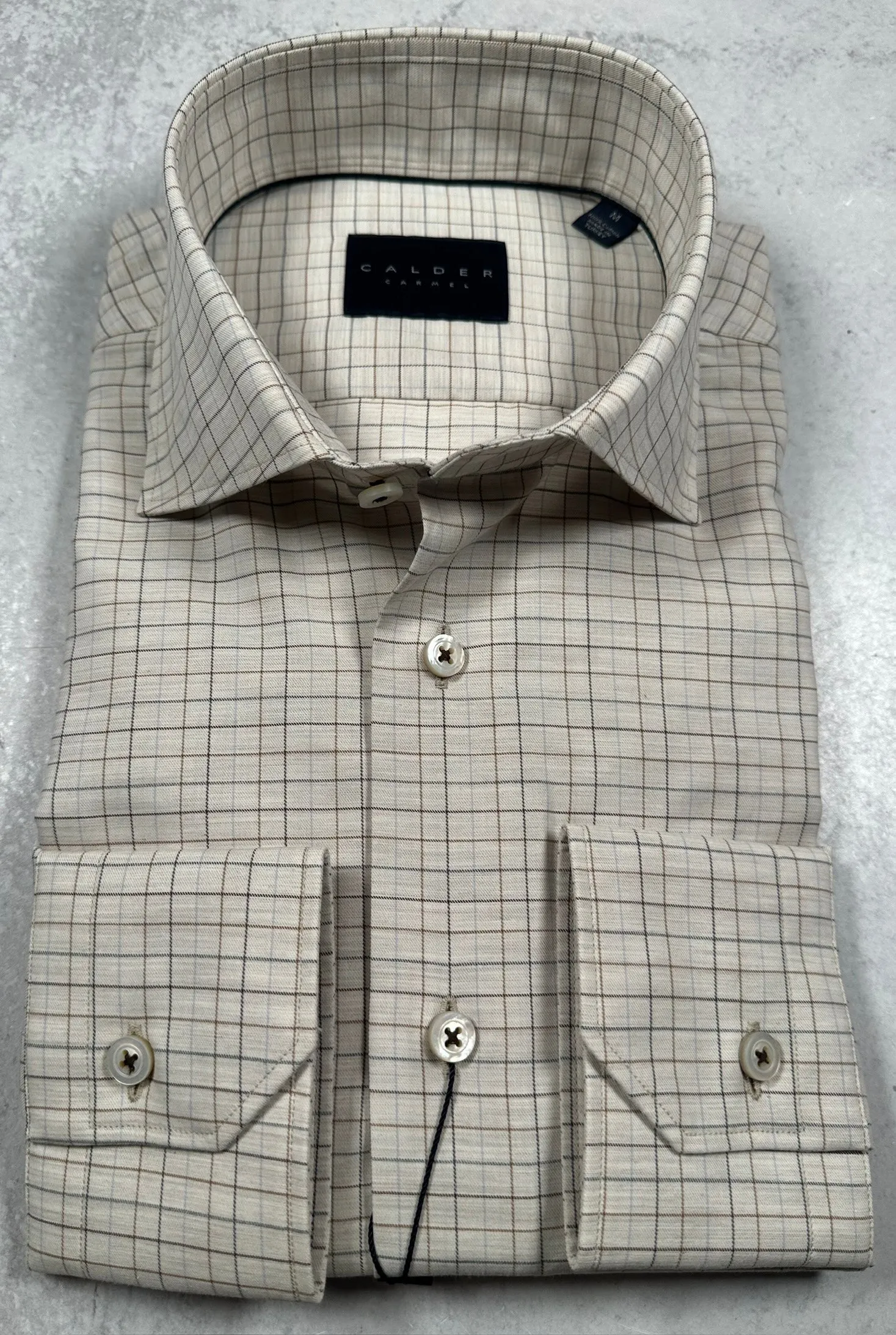 Calder Carmel Luxury 100's Melange Peached Twill Tattersall Sport Shirt in Sand