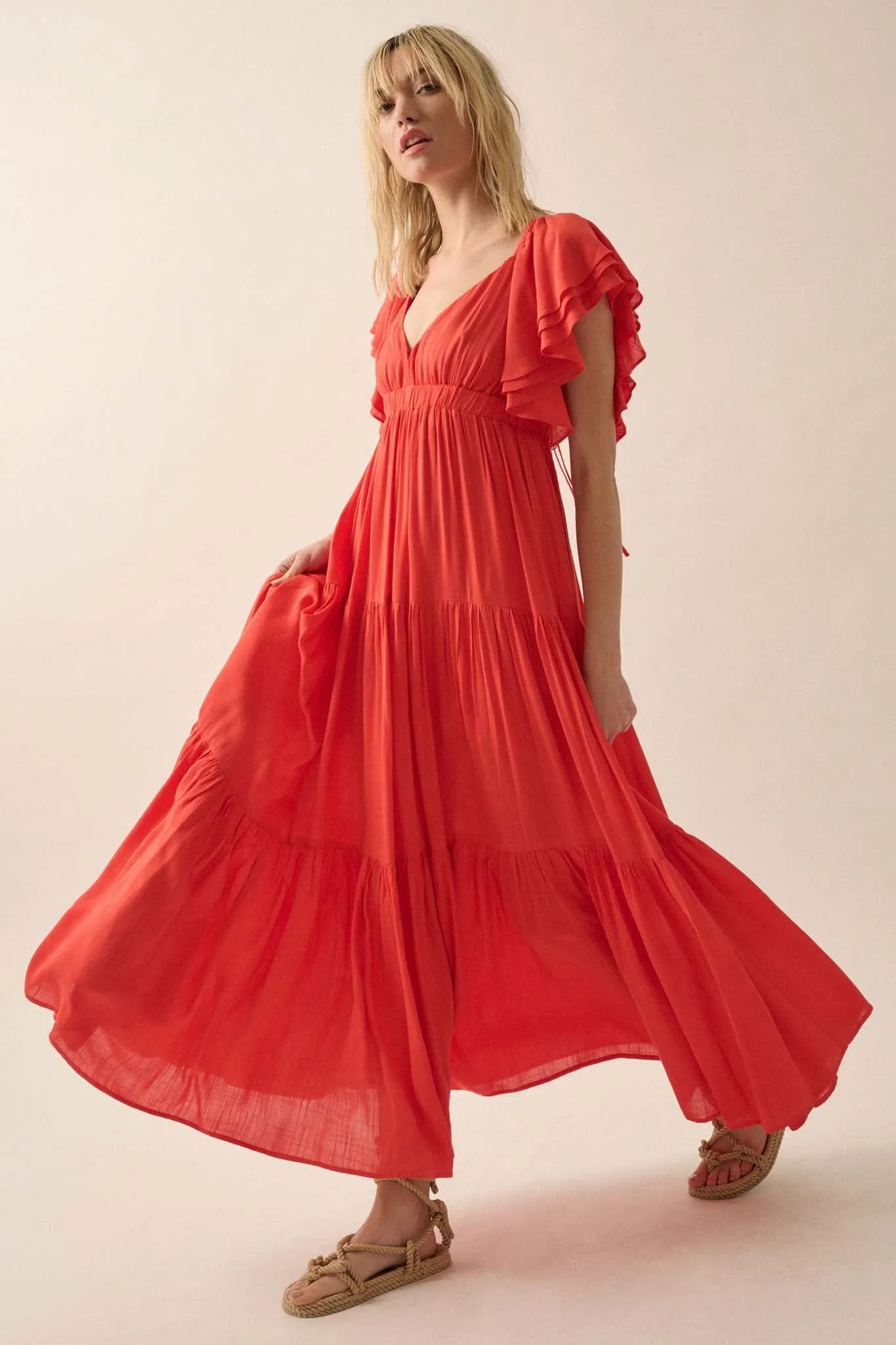 Catch the Wind Ruffle-Sleeve Tiered Maxi Dress