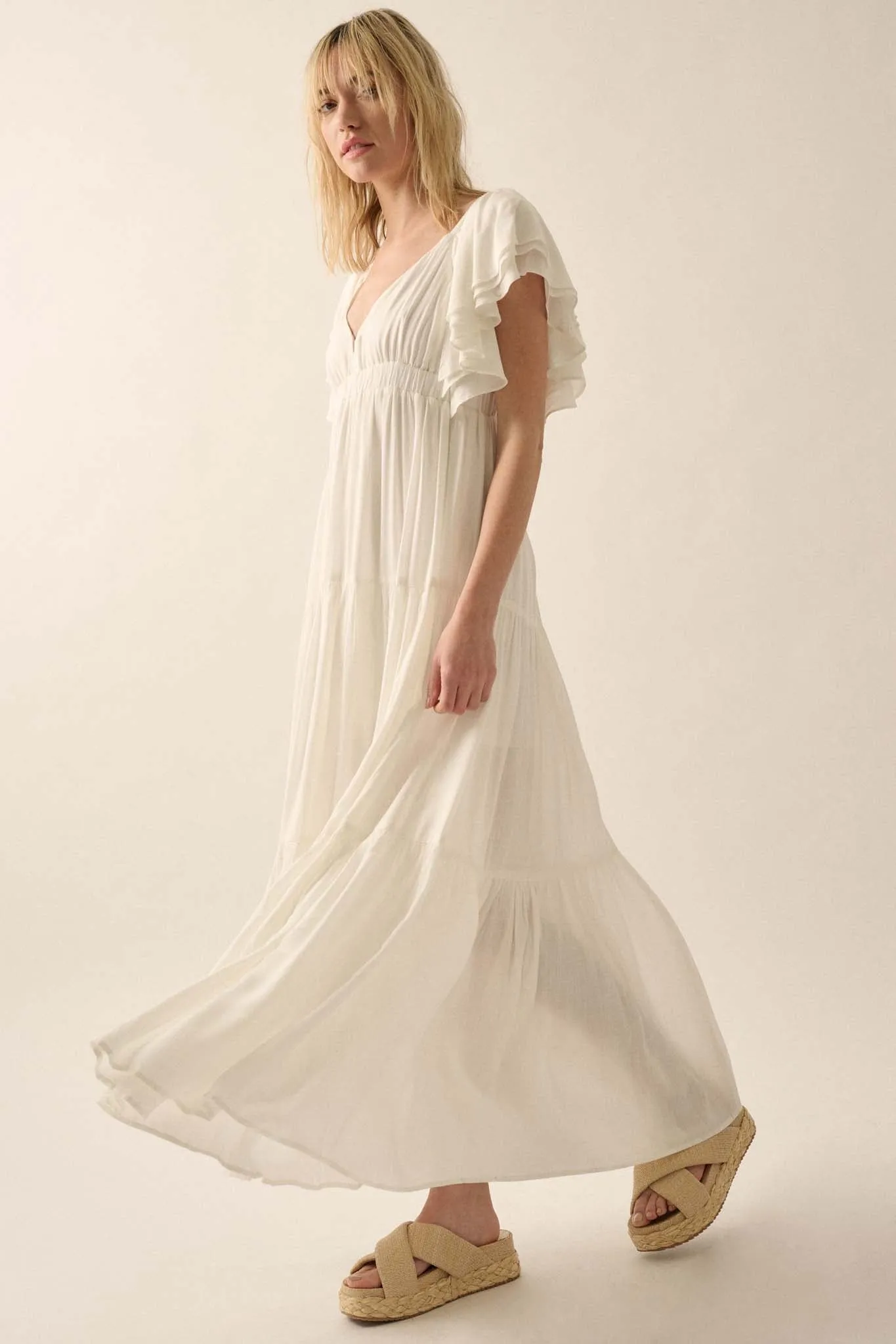 Catch the Wind Ruffle-Sleeve Tiered Maxi Dress