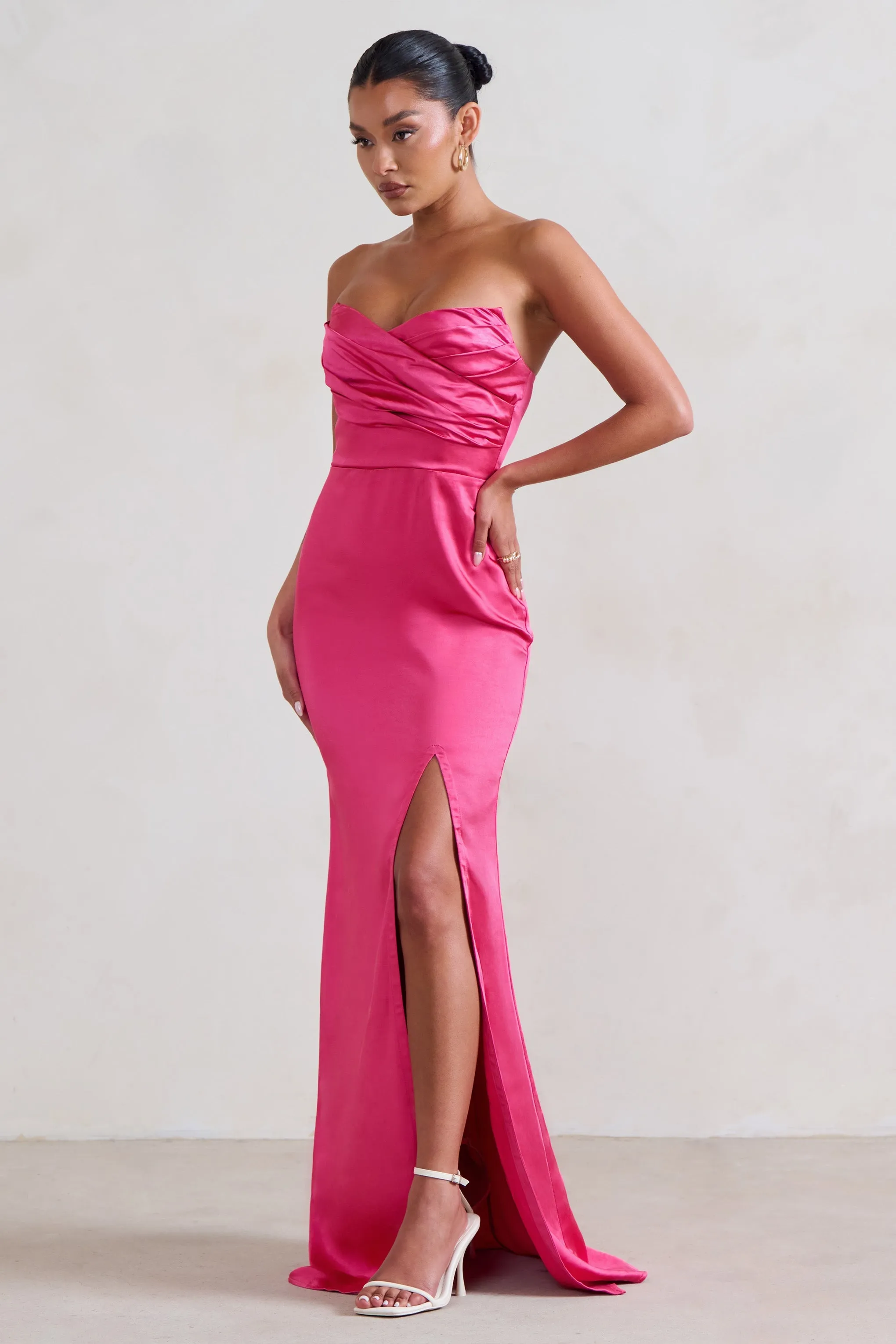 Coraline | Hot Pink Strapless Maxi dress With Split