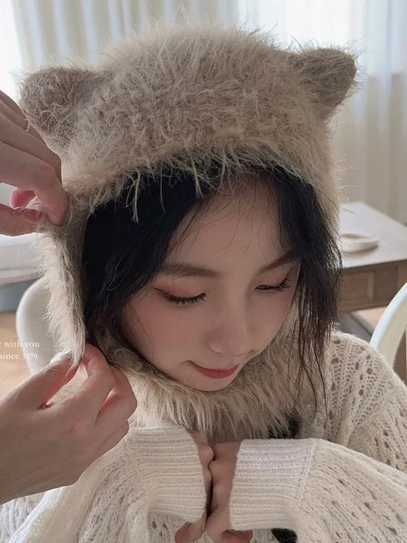 [Faux Fur] Baby Bear Ear Shaped Beanie And Scarf