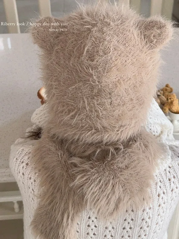 [Faux Fur] Baby Bear Ear Shaped Beanie And Scarf